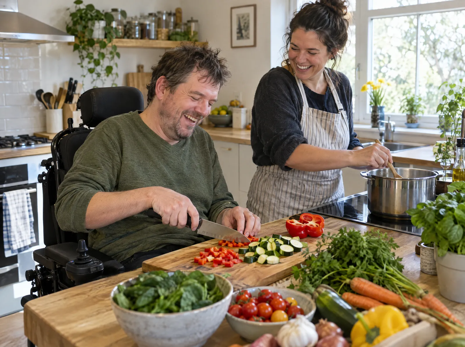 Man using a power wheelchair chopping vegetables in a kitchen with his support worker